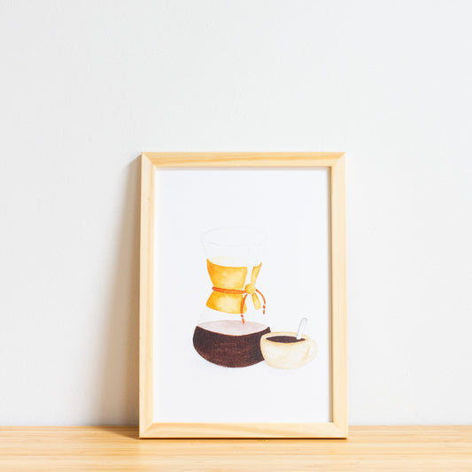 Watercolour colour art print. This watercolour illustration shows a pot of coffee with a coffee cup on the side.