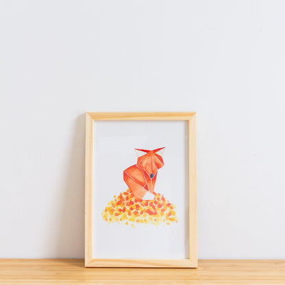 Watercolour painting art print. The watercolour illustration shows an origami autumn fox standing on top of a pile of autumn leaves.