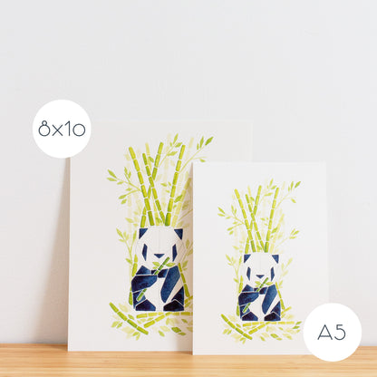 Watercolour painting art print. The watercolour illustration shows an origami panda sitting among bamboo trees, branches and leaves.