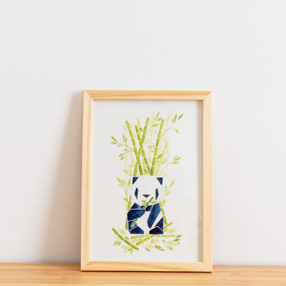 Watercolour painting art print. The watercolour illustration shows an origami panda sitting among bamboo trees, branches and leaves.