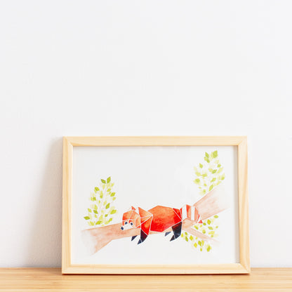 Watercolour painting art print. The watercolour illustration shows an origami red panda lying down on a tree branch with leaves.