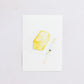 Watercolour colour art print. This watercolour illustration shows a block of butter on paper with a butter knife on the side.