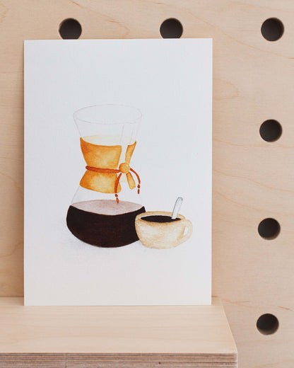 Morning coffee art print showing a chemex style pot of coffee with a coffee cup. Created from handmade watercolour painting.