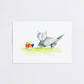 Watercolour painting art print. The watercolour illustration shows an origami grey cat playing with a colourful origami ball.