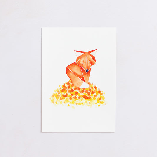 Watercolour painting art print. The watercolour illustration shows an origami autumn fox standing on top of a pile of autumn leaves.