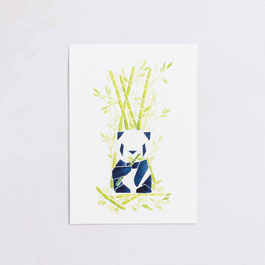 Watercolour painting art print. The watercolour illustration shows an origami panda sitting among bamboo trees, branches and leaves.