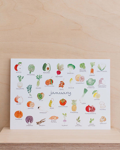 The image shows the month of January of a seasonal calendar. It has illustrations of all the fruit and vegetables in season that month. Created from handmade watercolour painting.