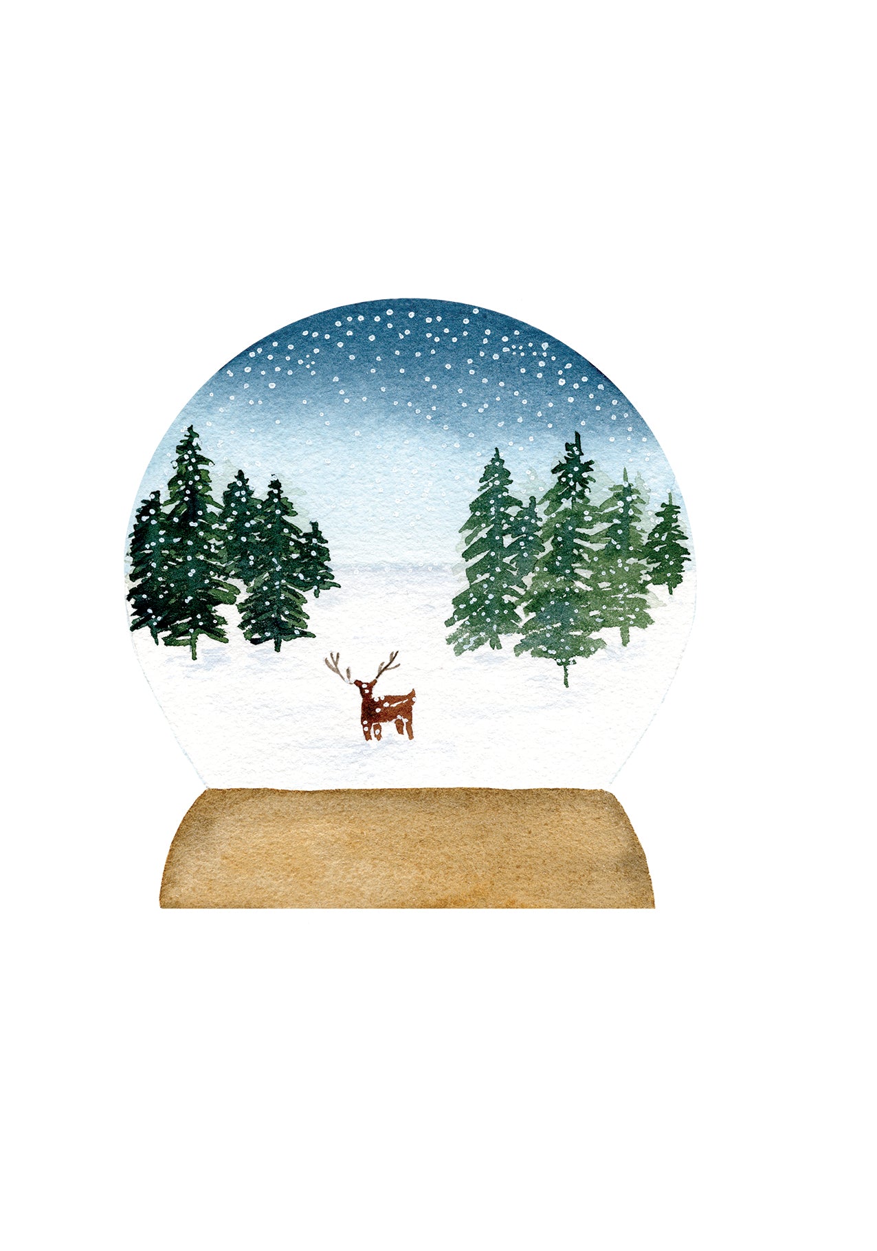 Christmas card designed from watercolour painting. The image shows a watercolour snow globe with a reindeer in a snowy landscape with trees.